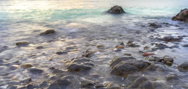 Naturalny Zielony Mech Plaży Rock Chwili Zachód Tło Koncentruje Się — Zdjęcie stockowe