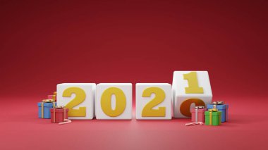 Mutlu yıllar 2021. Hediye kutuları ve topu olan beyaz kutuda altın numaralar var. Mektup metni, poster, afiş, kapak kartı, broşür, stüdyo, maket için 3D çizer