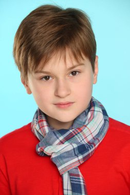 Kırmızı kazak ve ekose eşarp giyen, modaya uygun, neşeli bir gencin yakın plan portresi. Dikkatlice ve olumlu bir şekilde göz göze gelir..