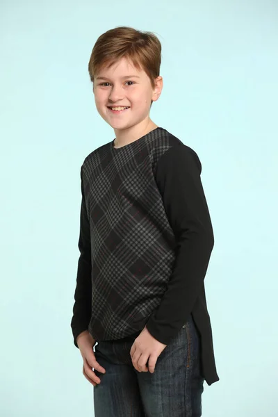 Fashionable Cheerful Considerate Teenage Boy Cheerfully Smiles Poses Looking Eye — Stock Photo, Image