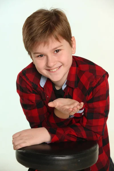 Intelligent Serious Teenage Boy Looks Eyes Smile Gesture His Hand — Stock Photo, Image