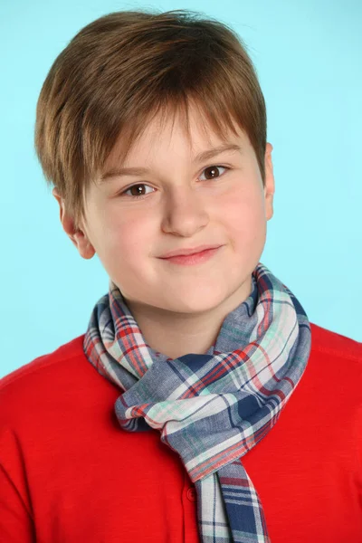 Close Portrait Fashionable Cheerful Teenage Boy Red Sweater Checkered Scarf — Stock Photo, Image