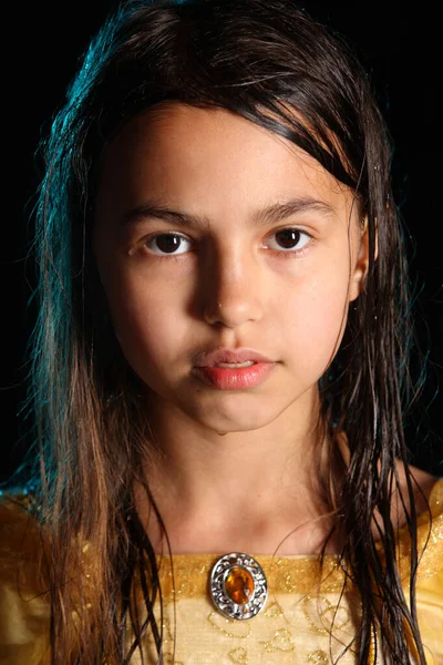 Close Portrait Bright Cute Smart Brunette Girl Years Old Yellow — Stock Photo, Image