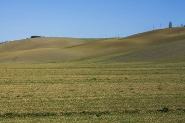 Mavi gökyüzü ile Toskana kırsal manzarası