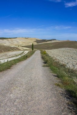 Mavi gökyüzü ile Toskana kırsal manzarası