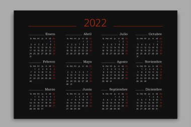 2022 year Calendar in Spanish on black background. Horizontal Vector editable template. Poster clipart
