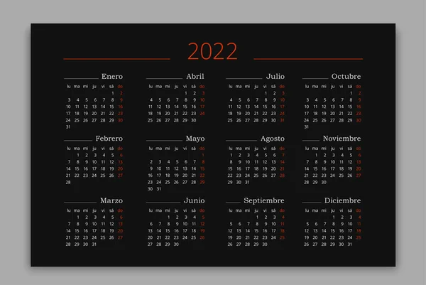 2022 Année Calendrier Espagnol Sur Fond Noir Modèle Modifiable Horizontal — Image vectorielle