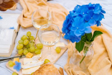 Güneşli bir günde yaz pikniği. Ekmek, meyve, buket ortanca çiçeği, bardak şarabı, hasır şapka, kitap ve ukulele. Çimlerin üzerinde piknik sepeti, yiyecek ve beyaz örgü battaniyenin üzerinde içki. Seçici odak.