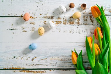 Paskalya bayramı beyaz ahşap masada lalelerle benekli yumurtaları sepete boyamıştı. Geleneksel bahar kompozisyonu ilkbahar için Paskalya elementleri çiçekler ve yumurtalar. Bahar dekorasyonu konsepti.