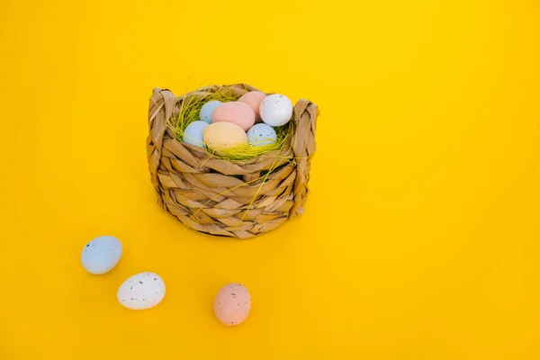 Easter holiday decorations yellow background Colorful easter painted speckled eggs in basket Traditional Spring composition with Easter elements flowers and eggs for springtime Easter greeting card
