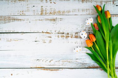 Paskalya bayramı beyaz ahşap masada lalelerle benekli yumurtaları sepete boyamıştı. Geleneksel bahar kompozisyonu ilkbahar için Paskalya elementleri çiçekler ve yumurtalar. Bahar dekorasyonu konsepti.