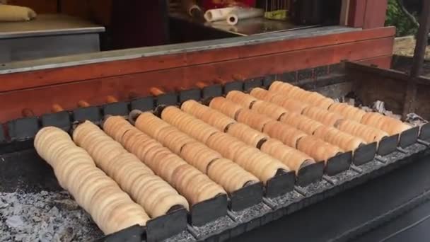 Tradicional Checo Dulce Panadería Trdelnik Palo Masa Laminada Cocinado Con — Vídeo de stock