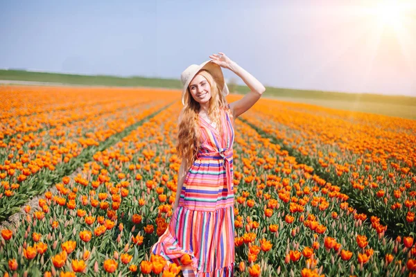 Hermosa mujer de pelo rojo vistiendo vestido a rayas de pie en coloridos campos de flores de tulipán en la región de Amsterdam, Holanda. Paisaje mágico de Holanda con campo de tulipanes. Concepto de trébol y primavera Imagen De Stock