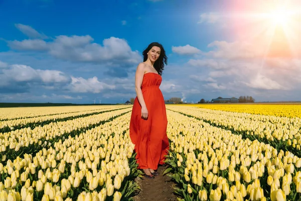 Beautiful Woman in summer dres standing in colorful tulip flower fields in Amsterdam region, Holland, Netherlands. Magical Netherlands landscape with tulip field in Holland Trevel and spring concept — Stock Photo, Image