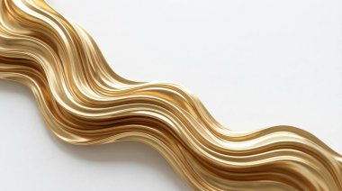 Temiz beyaz arka planda zarif akışkan altın dalgaları lüks ve soyut bir doku yaratıyor. Lüks markalaşma, kozmetik ambalaj, moda reklamcılığı ve zarif arka planlar için uygun kaliteli metalik tasarım..