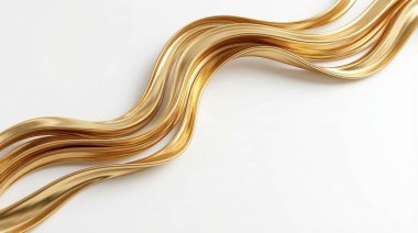 Temiz beyaz arka planda zarif akışkan altın dalgaları lüks ve soyut bir doku yaratıyor. Lüks markalaşma, kozmetik ambalaj, moda reklamcılığı ve zarif arka planlar için uygun kaliteli metalik tasarım..