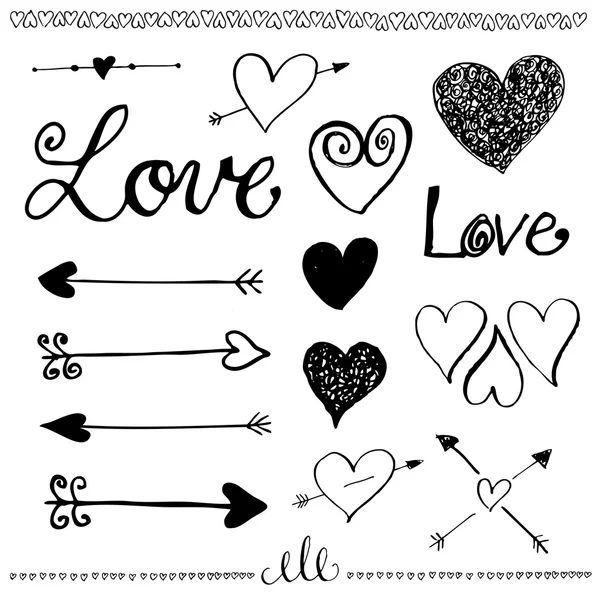 Tusche handgezeichnet Doodle Love Set. Herz und Pfeil. — Stockvektor