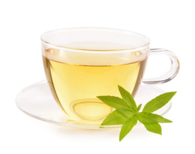 Lemon verbena çay ve izole yaprakları.