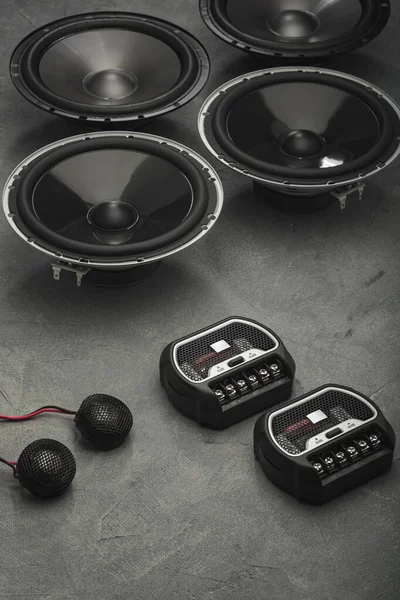 Araba sesi, araba hoparlörleri, subwoofer ve aksesuarlar. Üst görünüm.