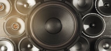 Araba sesi, araba hoparlörleri, subwoofer ve aksesuarlar. Üst görünüm.