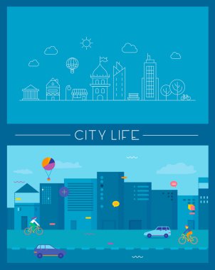 Şehir hayatı Infographic seti, düz tasarım mavi vektörel çizimler.