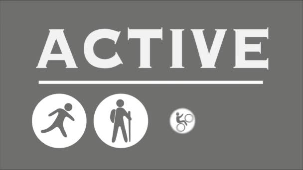 Ícones de atividade definidos com banner de palavra ATIVA no topo — Vídeo de Stock