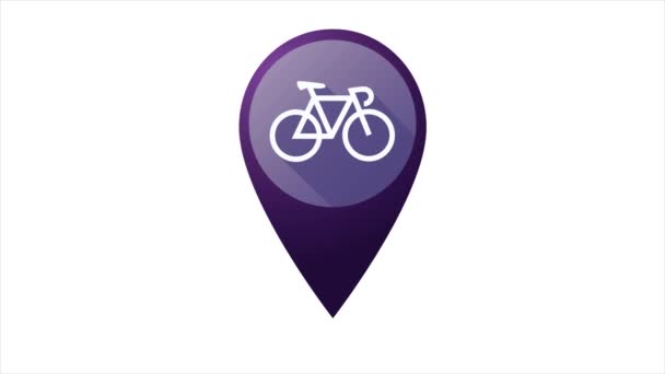 Fioletowy wskaźnik mapy z ikoną roweru na białym tle. — Wideo stockowe
