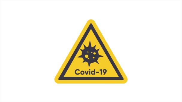 COVID-19 coronavirus κύτταρα σε ένα αφηρημένο στυλ με κίτρινο σημάδι προσοχή. Απλή 2D animation σε επίπεδο στυλ — Αρχείο Βίντεο