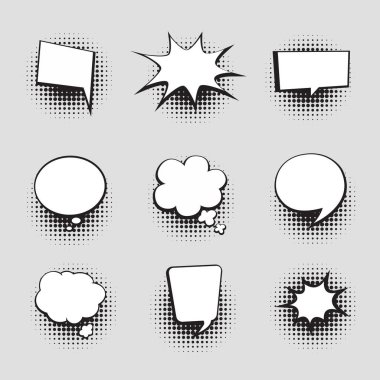 Beyaz arka planda yarım ton gölgeli Retro karikatür baloncukları. Vektör illüstrasyonu, klasik tasarım, pop sanat tarzı.