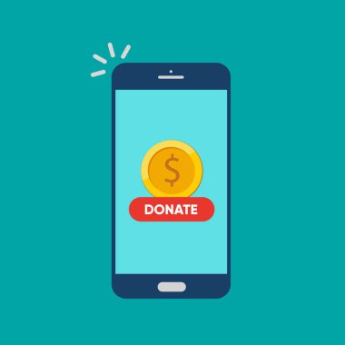 Ekranında altın sikke ve düğme olan akıllı telefon. Çevrimiçi bağış kavramı. 