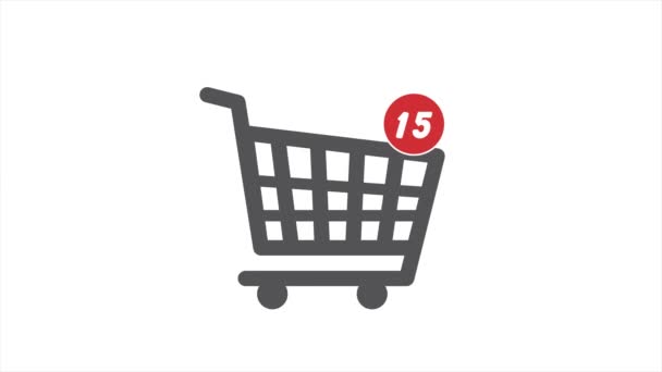 Close-up animação tiro do ícone do carrinho de compras na tela do computador com números de contagem animados adicionar mercadoria on-line na página de compras. — Vídeo de Stock