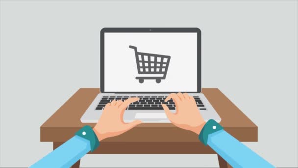 Online shopping concept with hands on laptop and shopping cart. 4k motion design — Stock Video