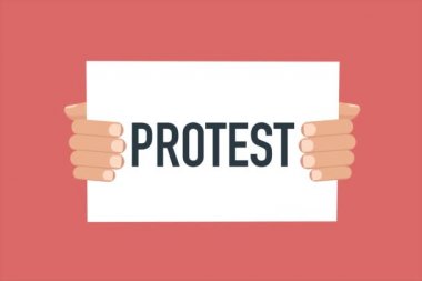 Protestocuların elleri protesto işaretleri tutuyor. Hareket 4k grafik tasarımı.