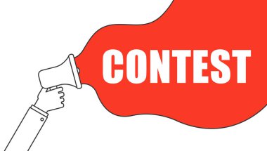 Yarışma konuşma balonlu erkek el megafonu. Hoparlör. İş, pazarlama ve reklam afişi. Vektör