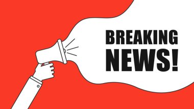 Flaş haber baloncuklu erkek el megafonu tutuyor. Hoparlör. İş, pazarlama ve reklam afişi.