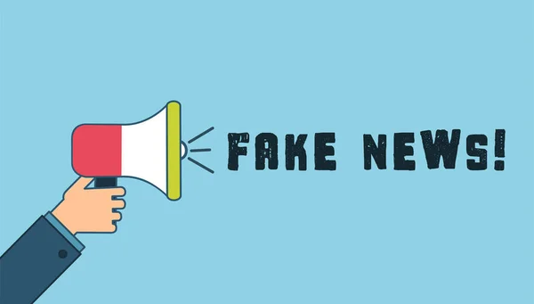 Mão segurando megafone com bolha de fala Fake News. Alto-falante. Banner para negócios e publicidade. Ilustração vetorial. — Vetor de Stock