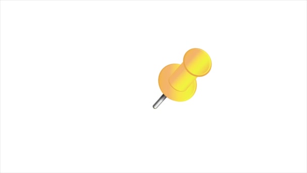 Gelbe Stecknadel animiert auf weiß. Stift, der an leeres Blatt geheftet wird. — Stockvideo