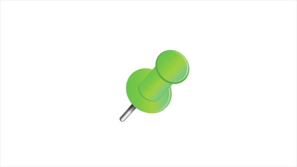 Green pushpin animated on white. Pin being pinned to blank sheet of paper. — Stock Video