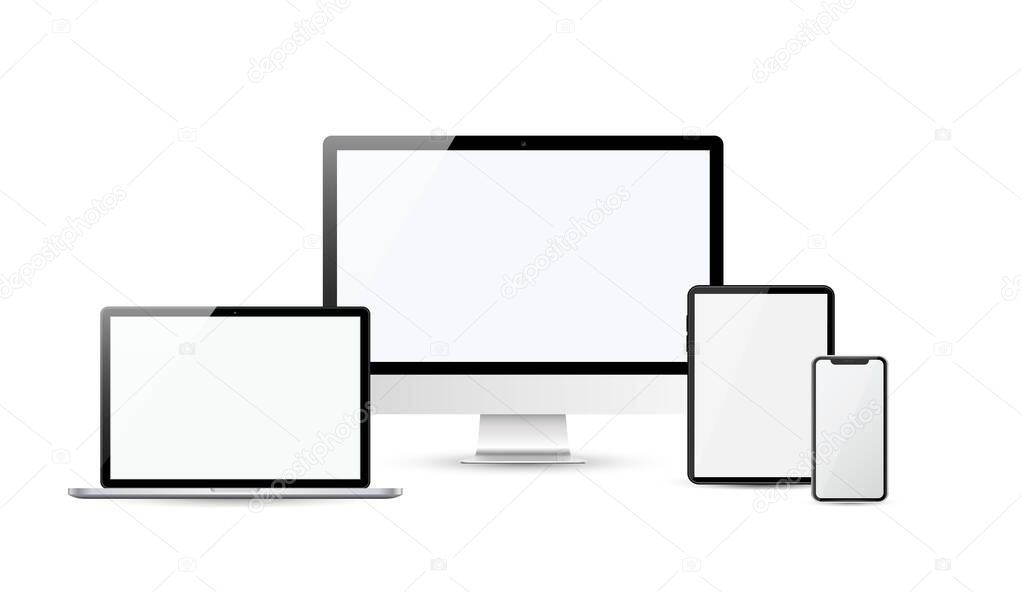 Devices in realistic trendy design on transparent background. Set of computer laptop tablet and smartphone with empty screens. Mock up.