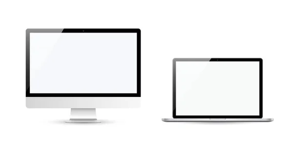 Apparaten in realistisch trendy design op witte achtergrond. Set van computer en laptop met lege schermen. Zwijg.. — Stockvector