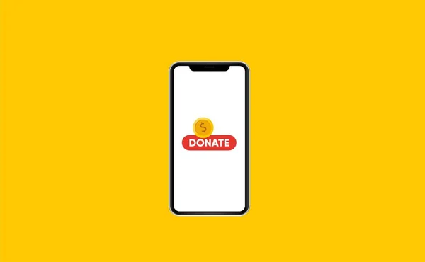 Donate online concept. Smartphone with gold coin and button on screen. — Stock Vector