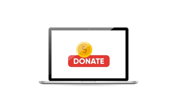 Donate il concetto di mockup online. Laptop con moneta d'oro e bottone sullo schermo. — Vettoriale Stock