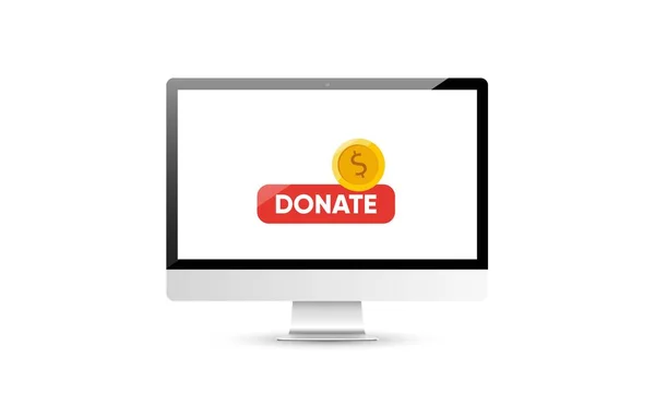 Donate online concept. Computer with gold coin and button on the screen. — Stock Vector