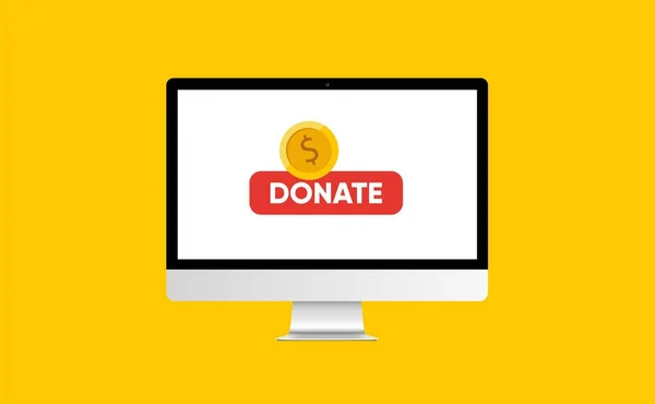 Donate online concept. PC with gold coin and button on the screen. — Stock Vector