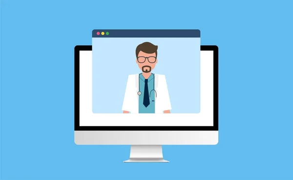 Online arts op computerscherm tijdens telegeneeskundebezoek — Stockvector