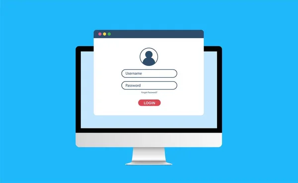 Computer mit Berechtigung auf dem Bildschirm, Login und Passwort des Benutzers zum System oder Konto, Vektorillustration — Stockvektor