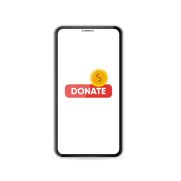 Donate online. Smartphone with gold coin and button on screen. — Stock Vector