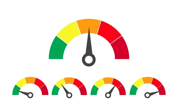 Medida de velocímetro en diseño plano colorido. Evaluación del servicio de mal a excelente nivel. Conjunto aislado de diagrama de satisfacción. Vector — Archivo Imágenes Vectoriales