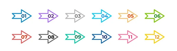 Flechas coloridas colocadas aisladas sobre fondo blanco. Números de puntos de bala de uno a doce. — Vector de stock