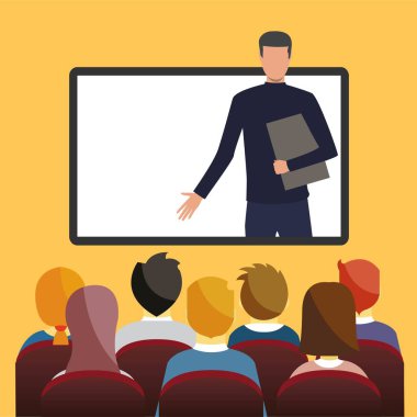 İş adamı dizüstü bilgisayar ekranı sohbet bilgi baloncuğu çevrimiçi seminer insanları grup beyin fırtınası forum iletişimi